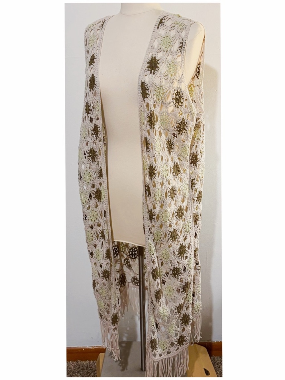 Crochet Fringe Festival Duster Vest in Beige and Olive Cato